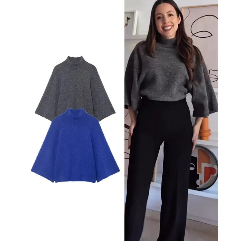 سترة نسائية محبوكة بأكمام واسعة للخريف والشتاء فضفاضة وياقة واقفة بلوفرات غير رسمية بأكمام طويلة ملابس علوية نسائية أنيقة