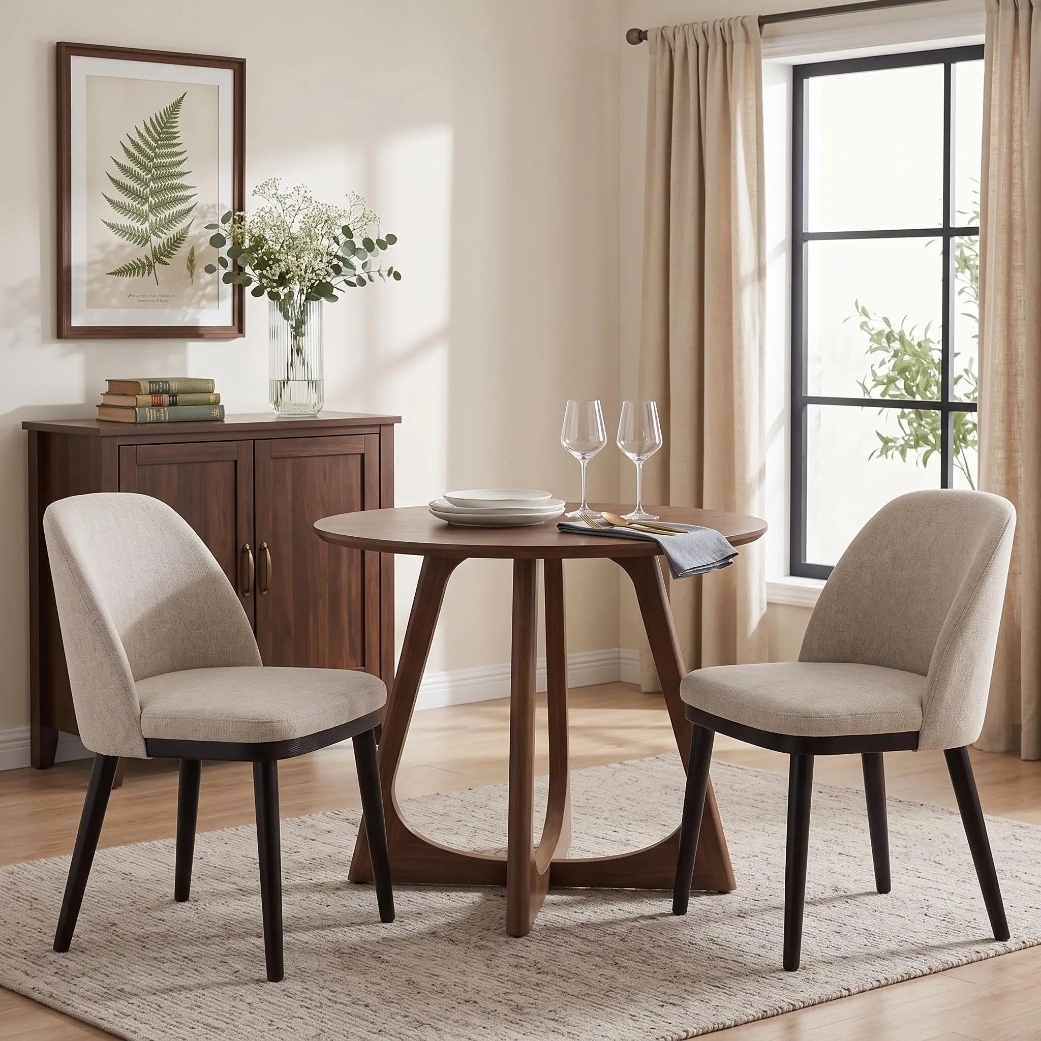 Wooden Dining Chairs Set of 2 Linen Upholstered Kitchen Chairs（No Table）
