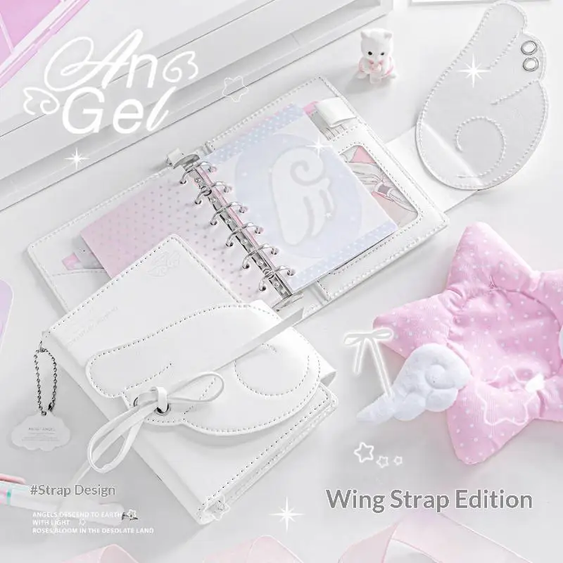 Kawaii Angel Wings Notebook  Leather 3 Fold Binder Journal Elastic Closure Loose Leaf Sketchbook Multi Pocket Storage Planner