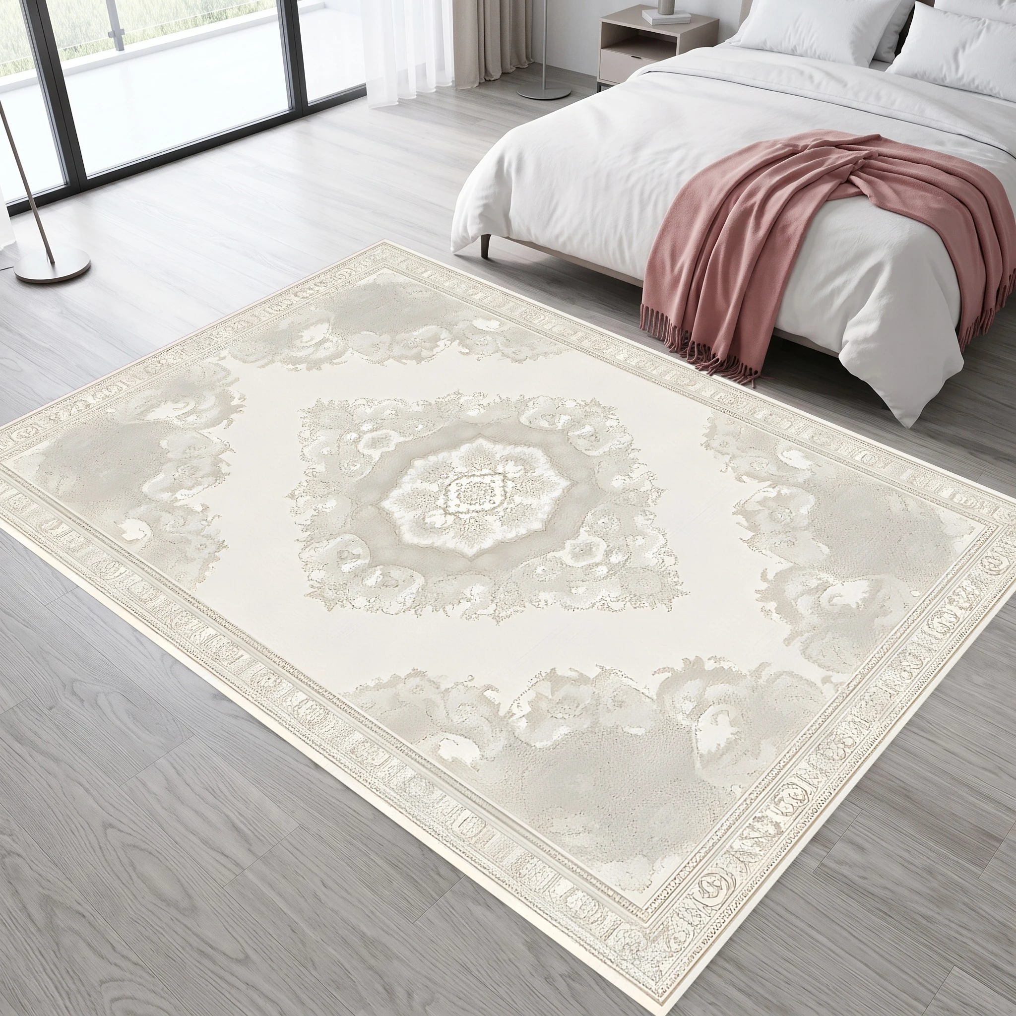Creamy White European Diamond Velvet Area Rug, Retro Luxury for Living Room Bedroom, Christmas Autumn Winter