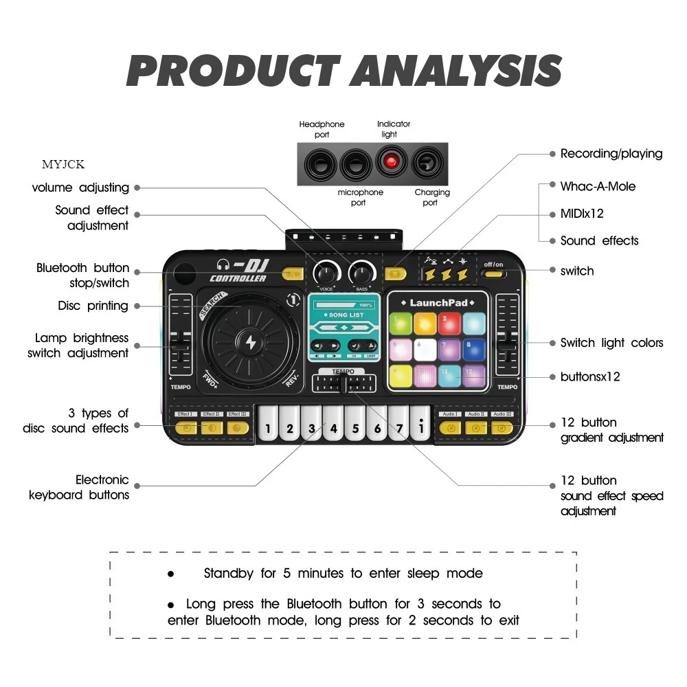 

Детский DJ-микшер с микрофоном, электронная клавиатура-пианино, Bluetooth DJ-контроллер, музыкальный инструмент, подарок на Рождество для детей
