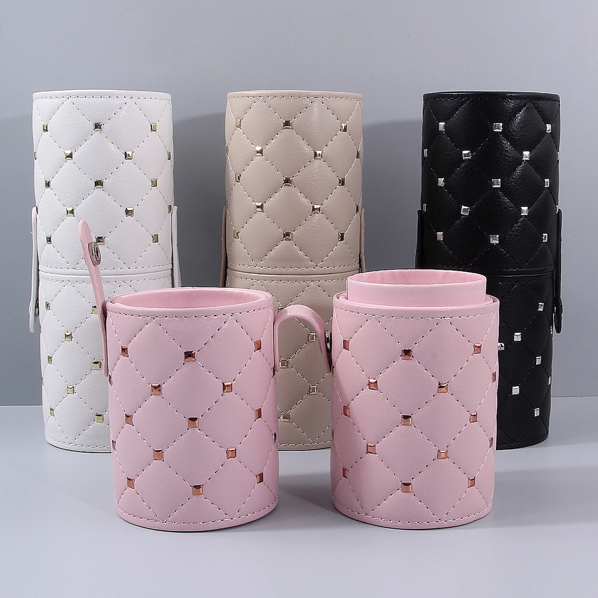 Diamond Lattice PU Makeup Brush Holder Waterproof Travel Cosmetic Brush Storage Cylinder Dustproof Portable Makeup Organizer