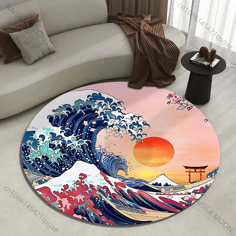 Retro Japanese Kanagawa Waves Print Round Carpet for Living Room Rugs Anti-Slip Foll Mat for Bedroom Sofa Table Home Area Rug