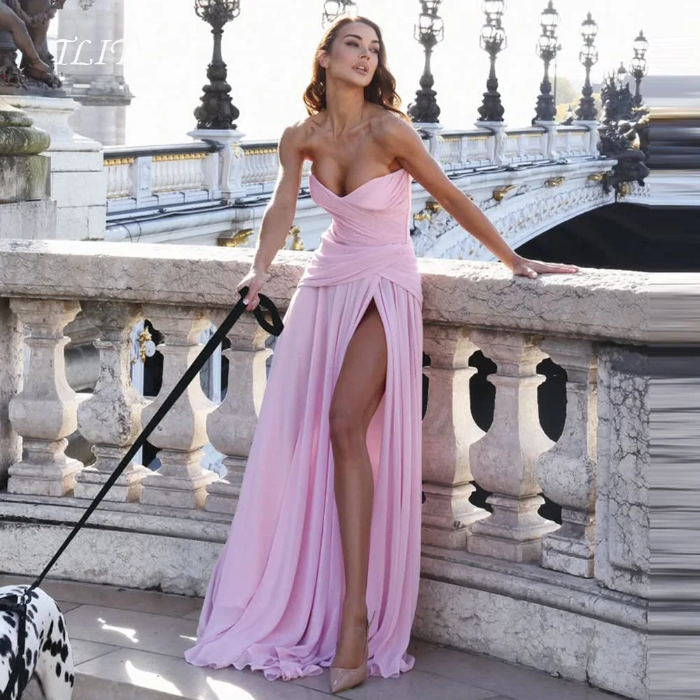 فستان سهرة أنيق من الشيفون الوردي للأطفال من TLIT فساتين حفلات على شكل قلب مخصصة بفتحة جانبية عالية فساتين لحضور الحفلات الموسيقية vestidos de fiesta