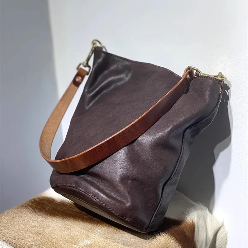 Vintage high-quality genuine leather women's bucket handbag weekend outdoor daily designer handmade real cowhide shoulder bag