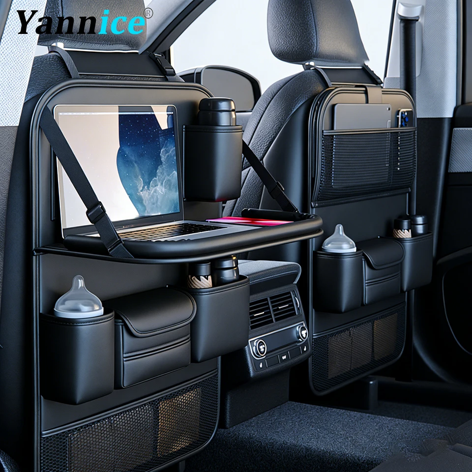 Organisateur de siège arrière de voiture avec plateau pliable et rangement pour iPad résistant aux taches, protège-sièges arrière en cuir PU, accessoire indispensable pour la voiture