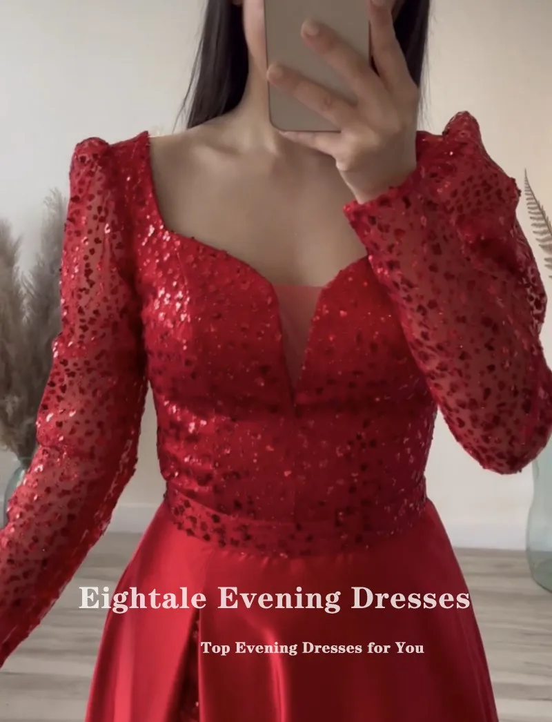 Eightale Luxury Prom Dresses Long Sleeves Sparkly Beaded Satin Red Evening Party Gowns Celebrity Satin abendkleid damen