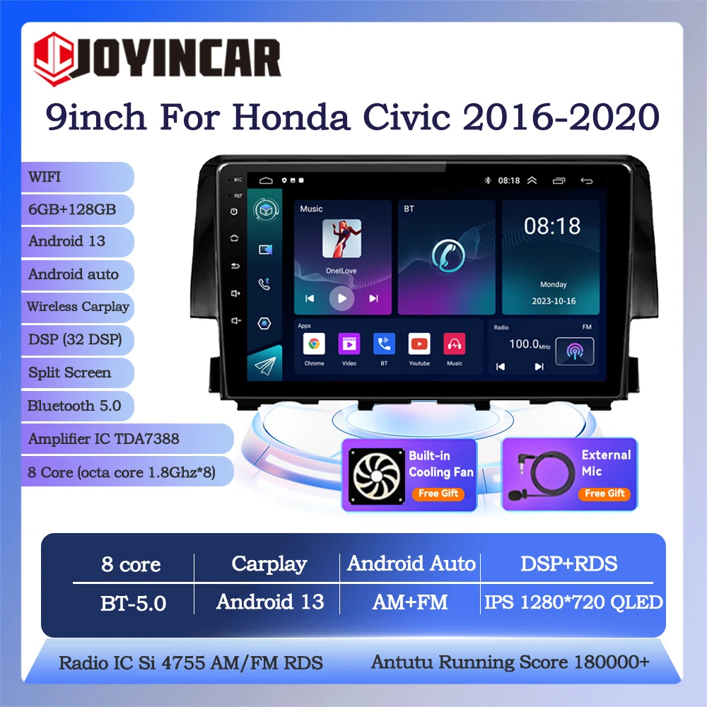 

Joyincar For Honda Civic 10th 2016-2020 Android 13 Car Radio Stereo Multimedia Video Player 8Core GPS Wireless Carplay Head Unit