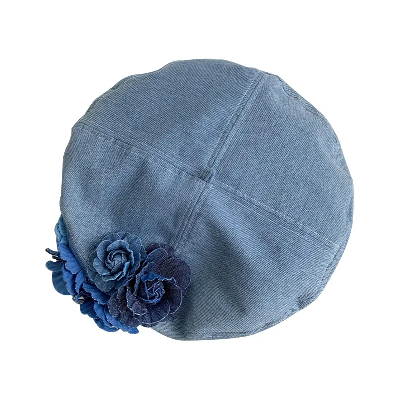 Denim Flower Elegant Summer Spring Berets Ladies Women Girls Fashion Trendy Outdoor Street Cap