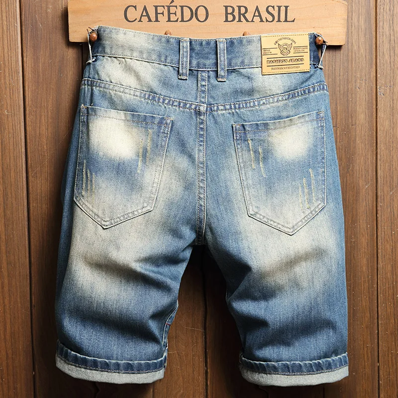 新しいリッピングストリートヴィンテージデニムショーツメンズ夏のヒップホップファッション穴スリム男性ショーツブランド服ストレートショートジーンズ