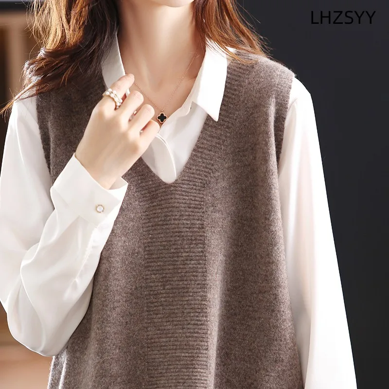 LHZSYY Fashion knitted Waistcoat Ladies 100%Pure Wool Vest 2023 Autumn Winter New Sleeveless Sweater V-Neck Loose Blouse Jacket