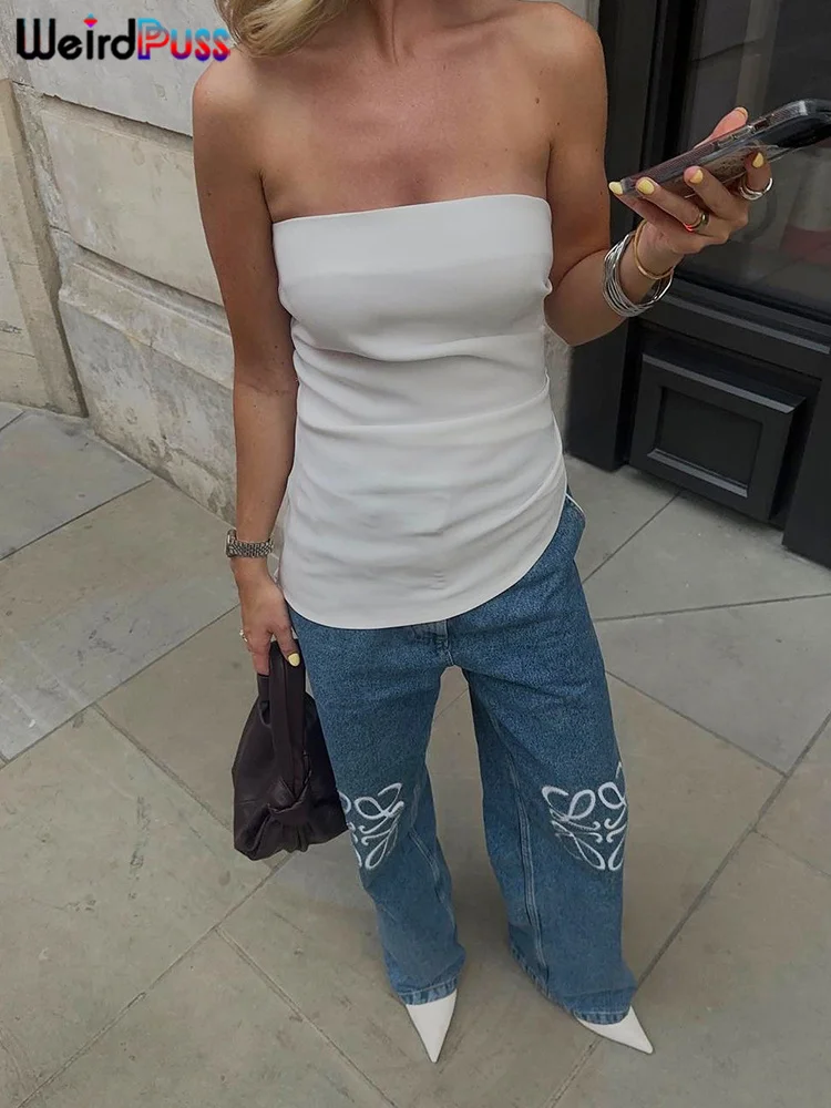 Weird Puss Irregular Strapless Top Woman Hottie Ruffles Summer Solid Sexy Casual Simple Wild  Trend Streetwear Party Skinny Vest image 5