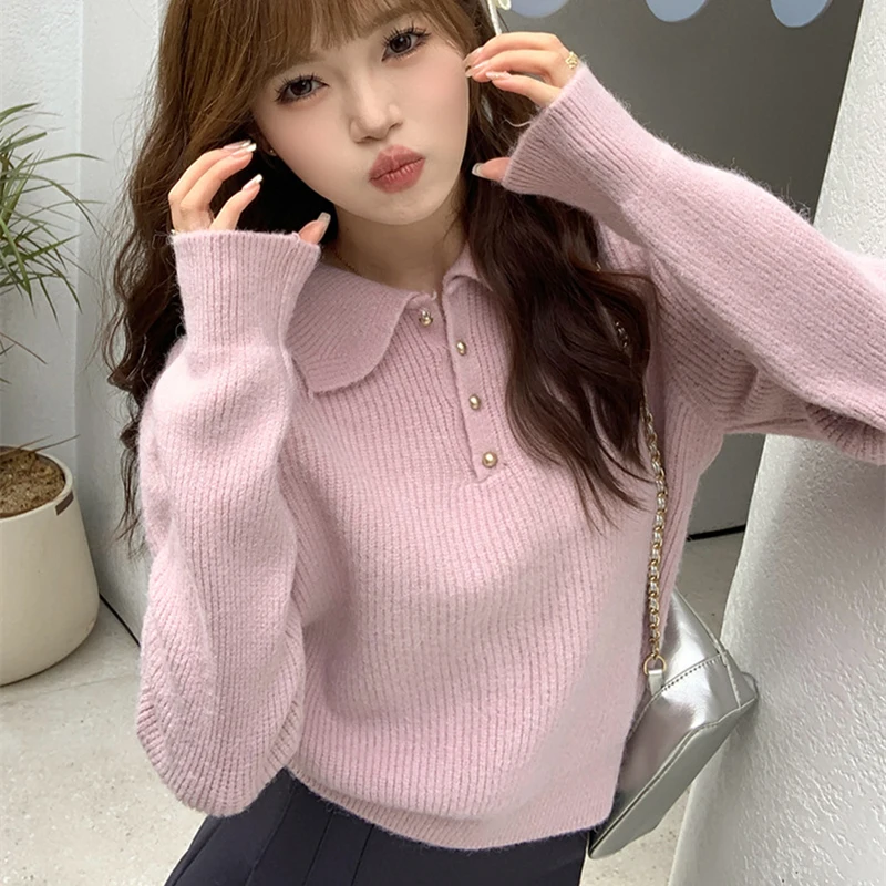 

Buttons Decor Turn Down Collar Sweaters Women Solid Color Warm Long Sleeve Knitted Jumper Woman Soft Wild Korean Sweater Female