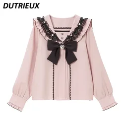 Japanese Sweet Girl Navy Style Big Bow Shirt Spring Autumn All-matching Blouse Mine Kawaii Cute Long-sleeved Lace Tops