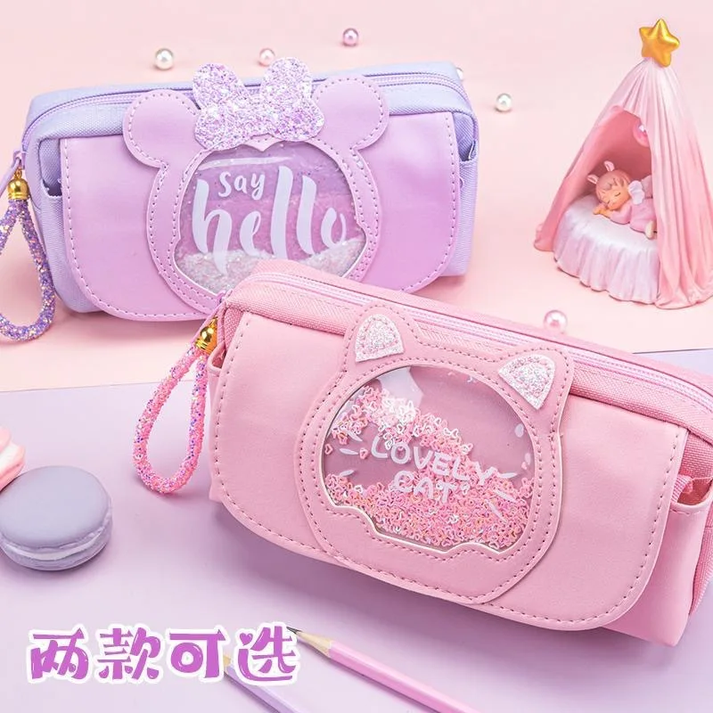 Pen Bag Cute Girl Large Capacity Stationery Box School Student Multi Functional Pencil Case Pink PU Gift Pouch Holder Organizer