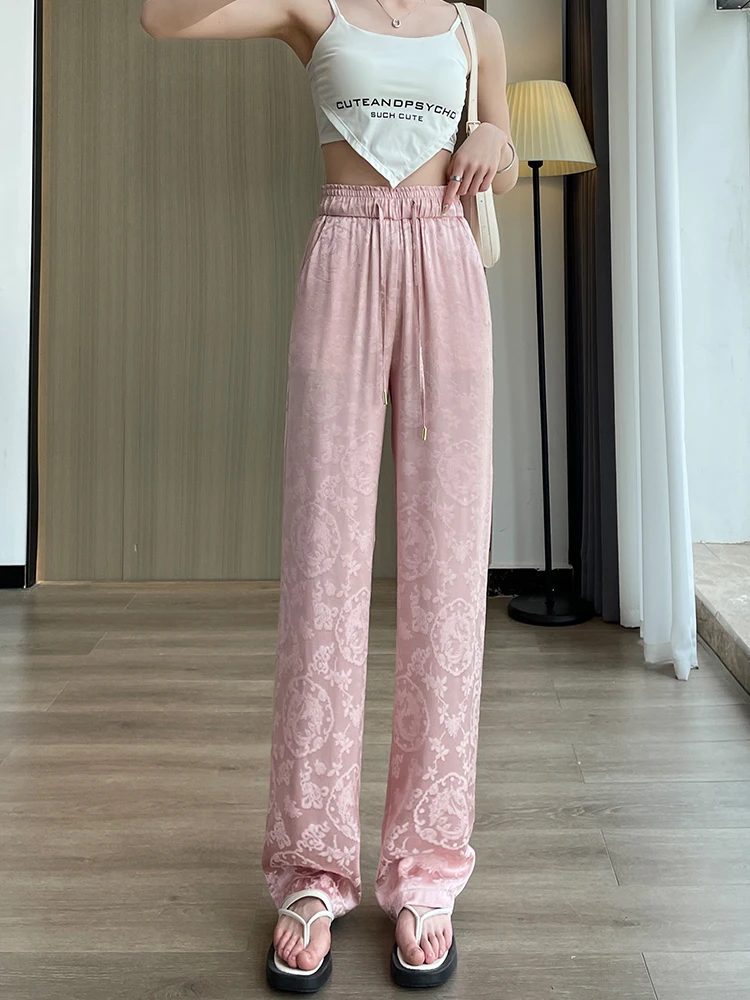 Pink Wide Leg Pants Women's Thin Summer Straight Acetate Silk Loose Lazy Drape New Chinese Style Pants High Waist Straight Tube