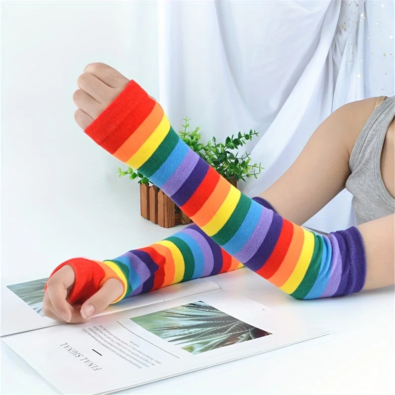 New Fashion Long Glove Arm Cover Classic Rainbow color Striped Fingerless Elbow Gloves Warmer Knitted Long Wristband