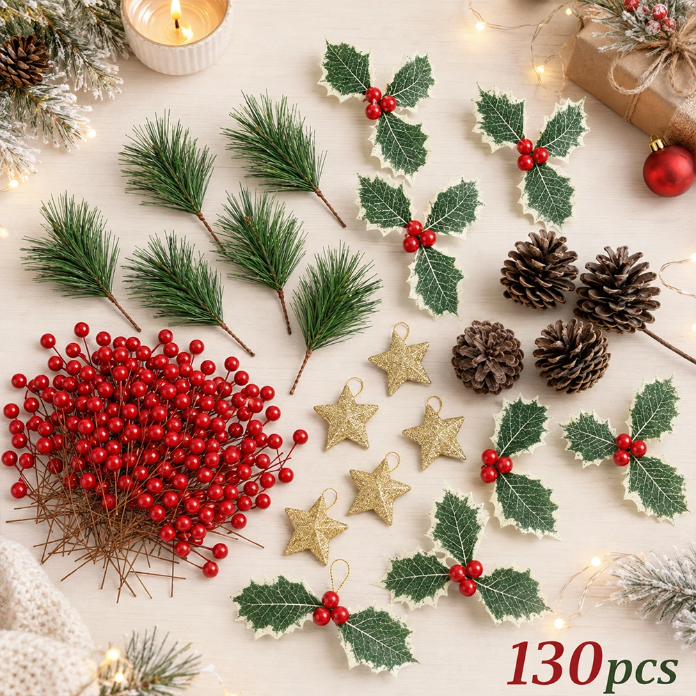 130 Stück Weihnachts-DIY-Strickzubehör: Künstliche Tannenzweige, rote Beeren, Stechpalmenblätter, Tannenzapfen, goldene Sterne für Weihnachtsbaum, Kranz, Geschenke und Bastelarbeiten
