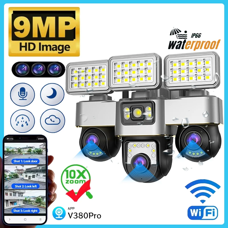 واي فاي كاميرا مراقبة بعدسة ثلاثية 12MP في الهواء الطلق PTZ CCTV كامل اللون للرؤية الليلية إضاءة مقاومة للماء كاميرا ويب اتجاهين الصوت