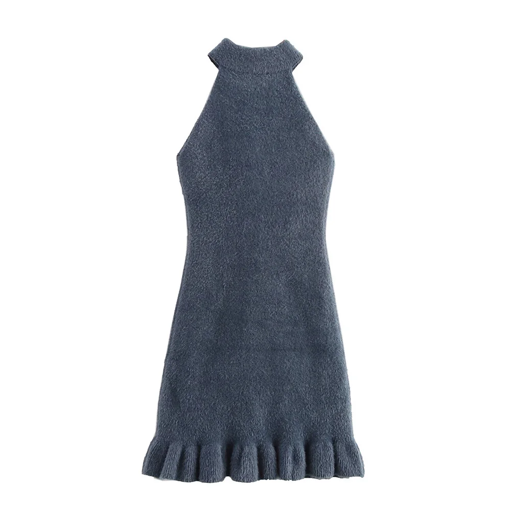 INS Fashion Deep Grey Color Sleeveless Beading Design Bottom Frill Women Slim Artificial Fur Mini Halter Dress ZATAF 2024 New