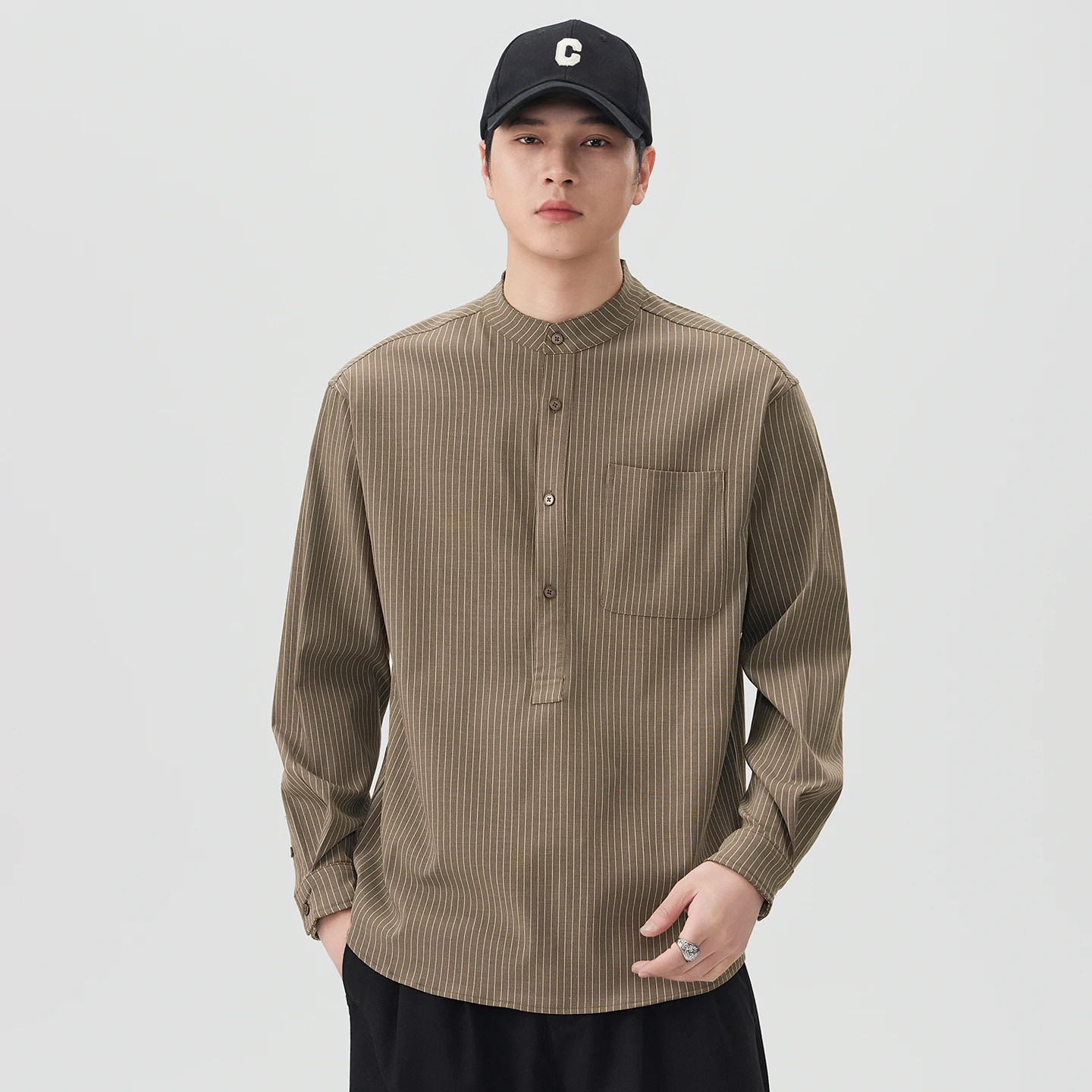 

Men's Stand Collar Spring Summer Long Sleeve Casual Commute Loose Stripe Pullover Shirt Cityboy Japanese Streetwear Shirt Blouse