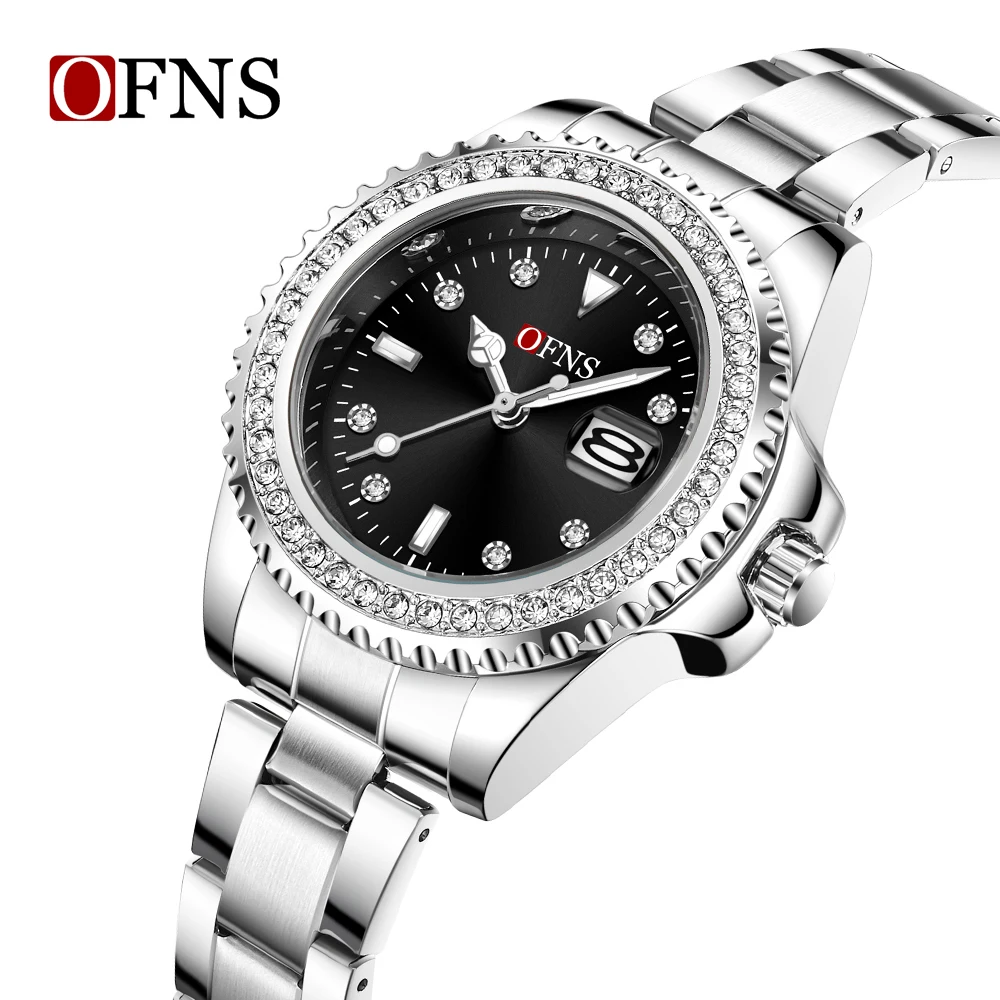 

OFNS 1563 Fashionable Women's Quartz Watch With Steel Strip Drill Ring Night Light Waterproof Calendar Women's Quartz Watch