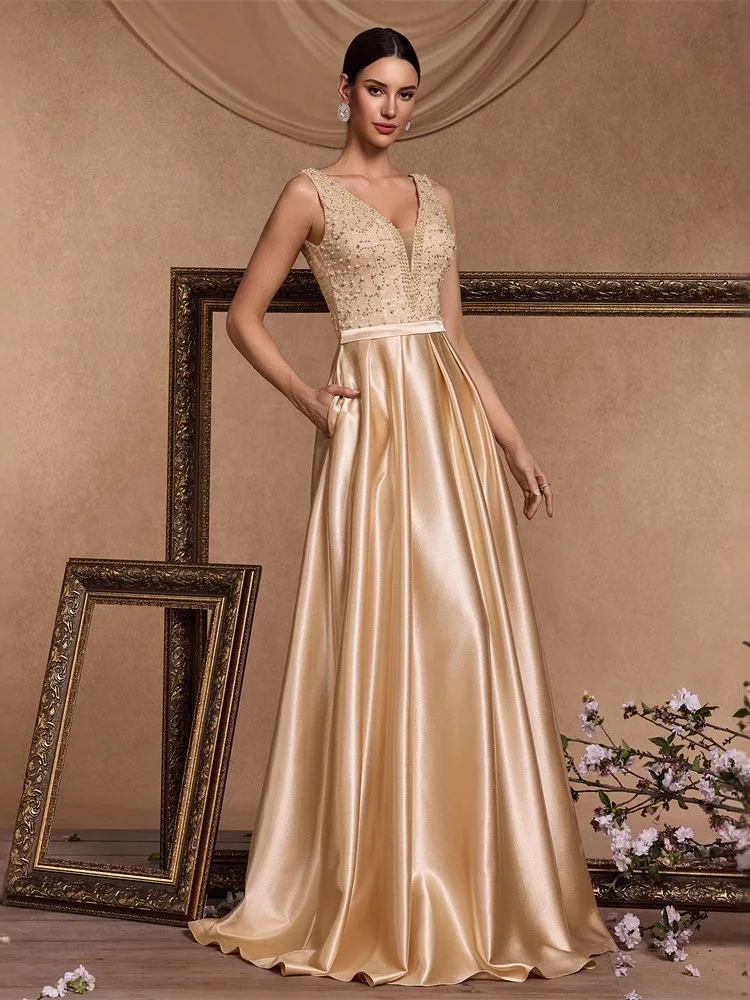 Ele soirée Dr perle Patchwork couleur soie Satin v-ne grande ligne a femmes formelle danse robe de bal taille basse soie