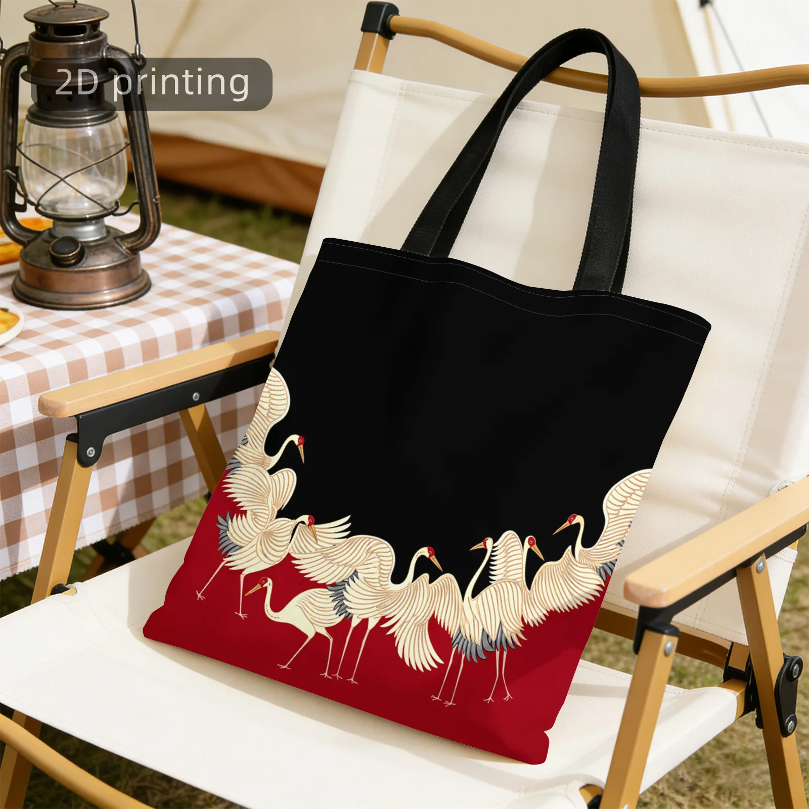 Tote Bag Crane with Red Background and Black Sky, Elegant Pose, Traditional Art, Reusable Fashion Tote Bag Shopping Bags