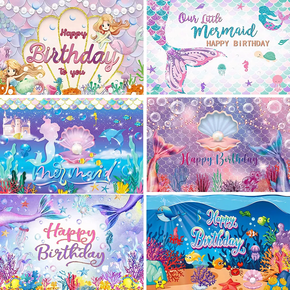 Little Mermaid Backdrop Underwater Princess Party Decor Sea Shell Photo Background Newborn Baby Shower Wedding Photography Props