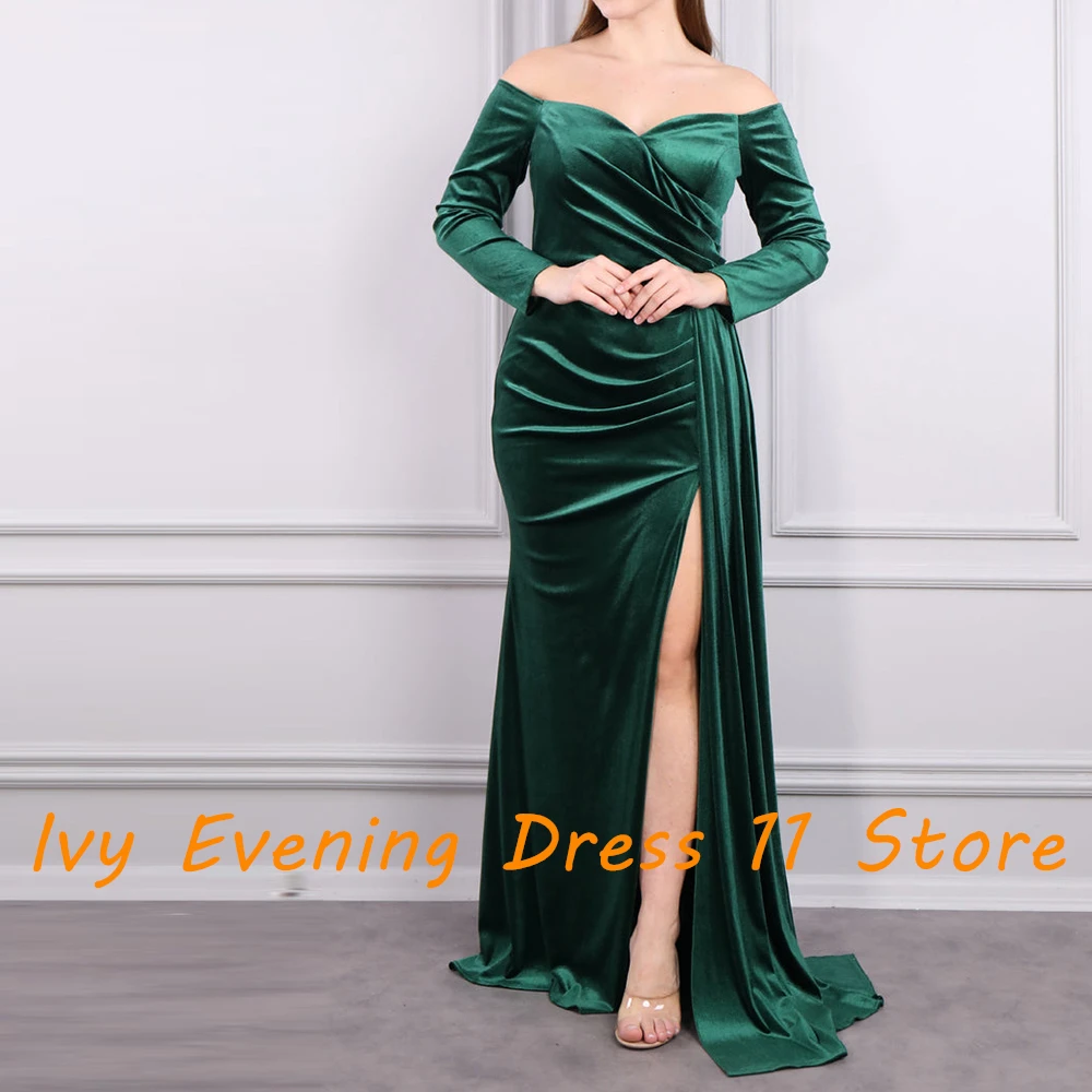 Customized Temperament Off the Shoulder Velvet Evening Dresses Formal Boat Neck Long Sleeves Straight Floor Length Prom Dress