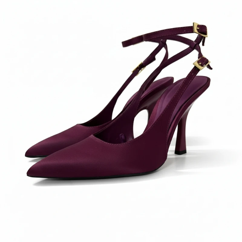 

Sexy Women's Party Evening Heels Elegant Slingback High Heels Pumps Burgundy Satin Classic Pointed Toe Stiletto with Ankle Strap