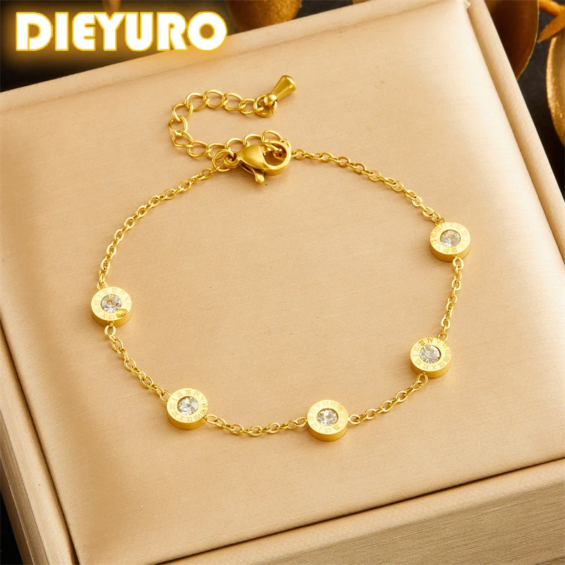 DIEYURO 316L Stainless Steell Golden Roman Numeral Zircon Bracelet Womens New Concise Trend Non-fading Hand Chain Jewelry Gift