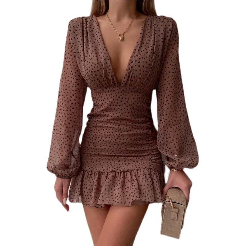 Vestido largo informal de mujer con escote en V profundo, vestido Midi pado de manga larga, falda acampanada de cintura al...