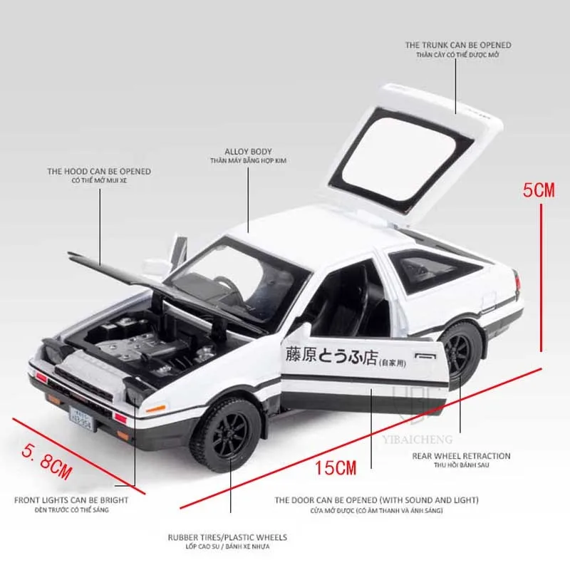 1/32 INITIAL D AE86 Alloy Car Model Diecast Toy Vehicles 4 Doors Opened Car Model Miniature Model With Light Toys For Children