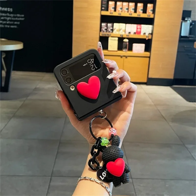 เกาหลีน่ารัก 3D หัวใจสีแดงรักสานหมีจี้สําหรับ Samsung Galaxy Z Flip 3 Flip4 กันกระแทก