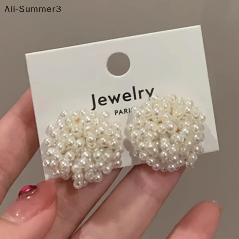 Gentle White Pearl Flower Stud Earrings High-end Feeling Ear Clip For Women Temperament Wedding Party Jewelry Accessories Gifts