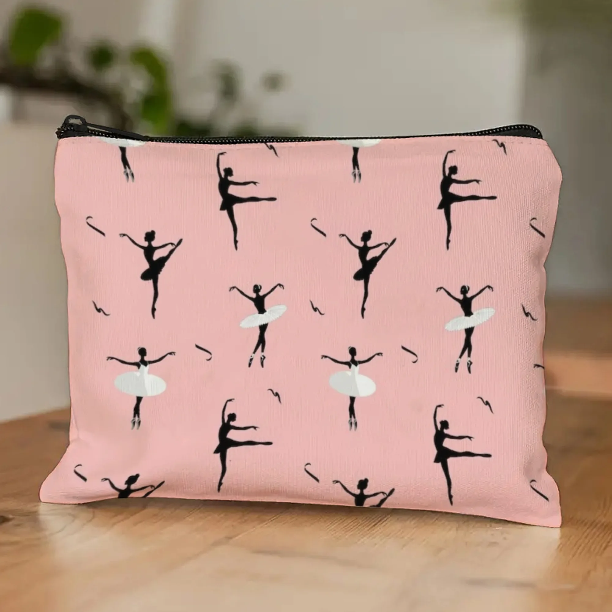 Elegant Ballet Print Cosmetic Pouch Pink-Accent Dancer Silhouettes Action & Tutu Details Portable Travel Organizer with Zipper