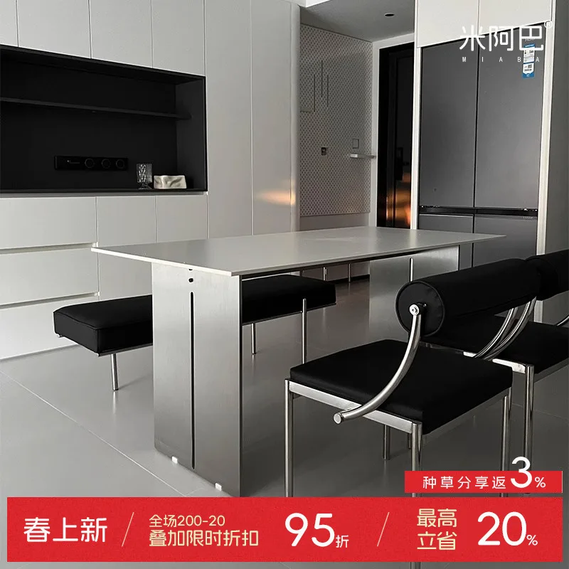 Italian minimalist rock slab dining table stainless steel rectangular home modern simplicity