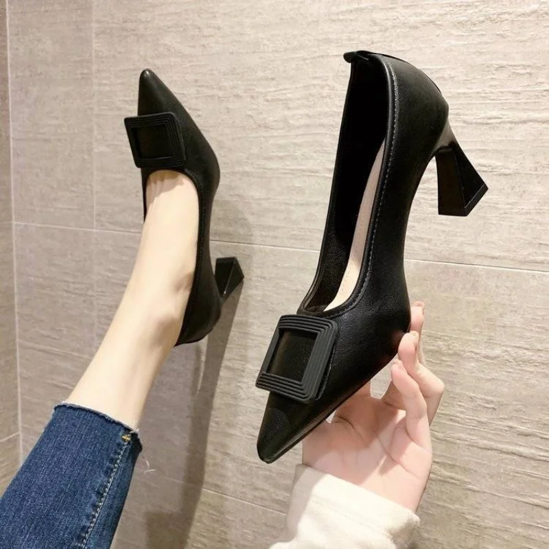 Ladies Summer Footwear Pointed Toe Shoes for Women 2024 Pumps Black Square Heels High Office on Heeled Fashion Elegant Dress Y2k