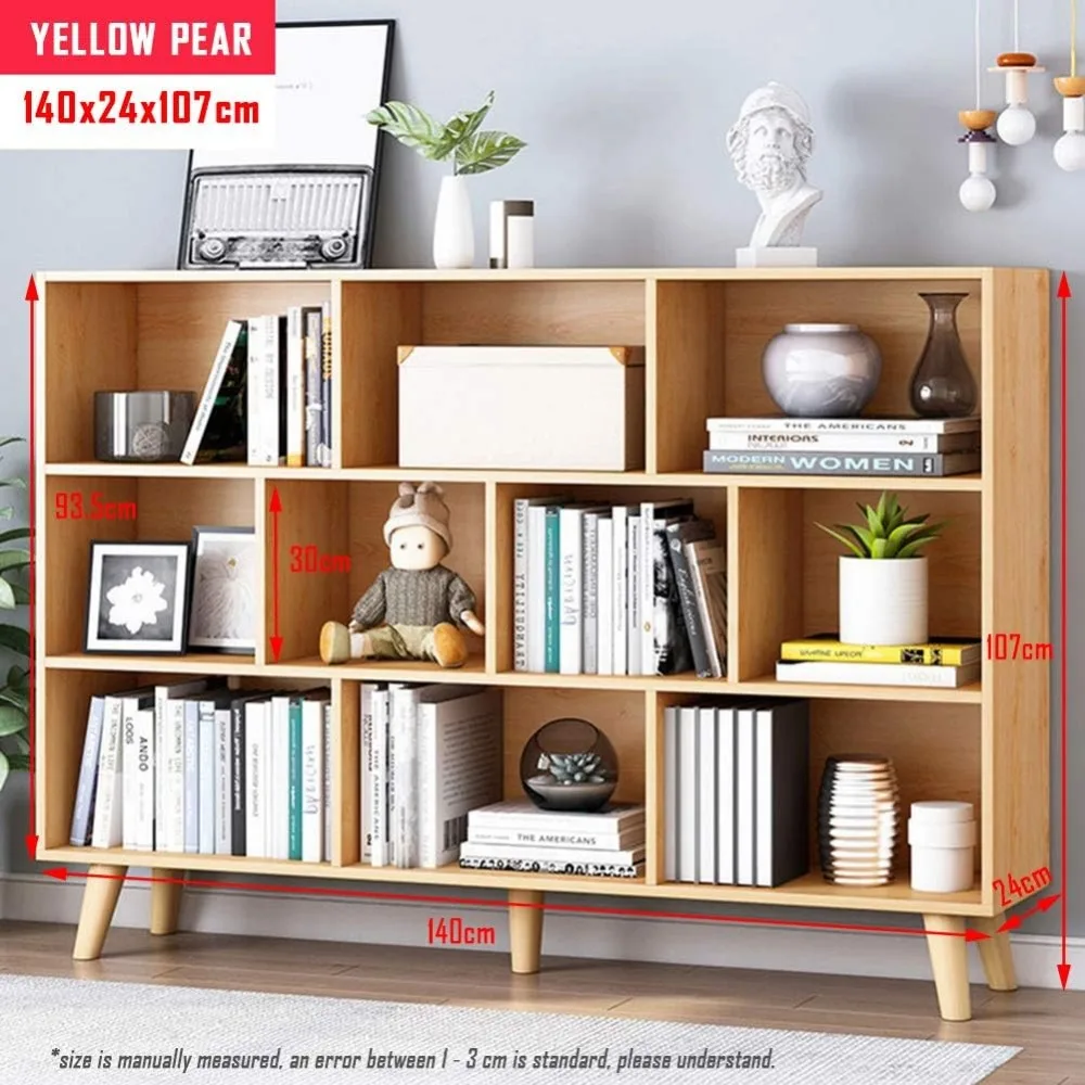 Wooden Open Shelf Bookcase - 3-Tier Floor Standing Display Cabinet Rack with Legs, 10 Cubes Bookshelf, Pear Yellow