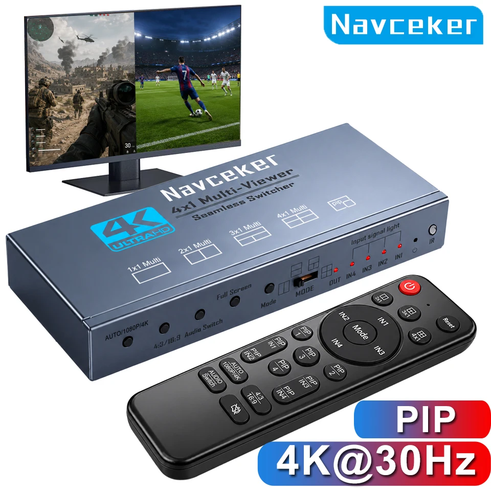 Navceker 4K HDMI Quad Screen Multiviewer 4x1 2x1 3x1 HDMI PIP Multi Viewer 4 in 1 out Seamless Switcher for Camera Laptop PC TV