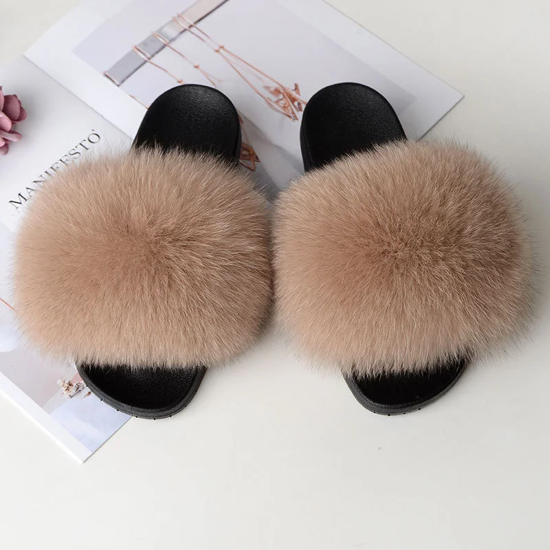 Fur Slippers Summer Women Real Fox Fur Slides Home Furry Flat Sandals Non-Slip Fluffy Flip Flops Ladies Woman Cute Plush Shoes