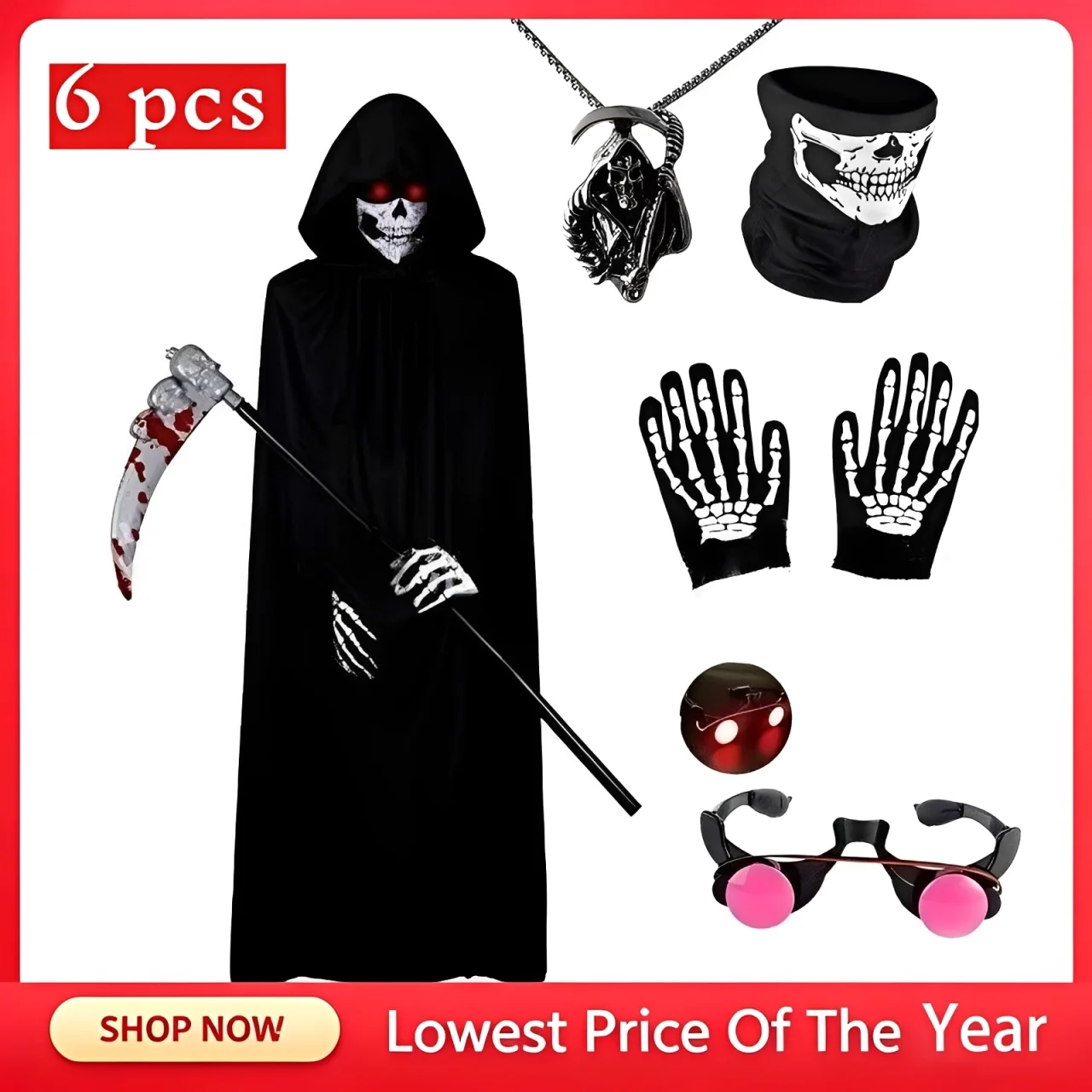 Halloween New 6PCS Scary Death Reaper Costume With Hooded Cloak Scythe Prop Glowing Red Eyes Glove Mask Skull Necklace Halloween