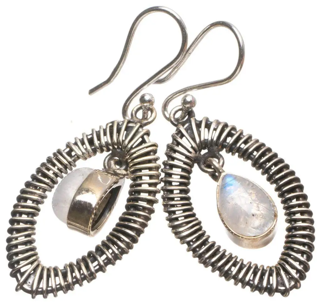 

StarGems® Natural Rainbow Moonstone Handmade 925 Sterling Silver Earrings 1 3/4" T4092