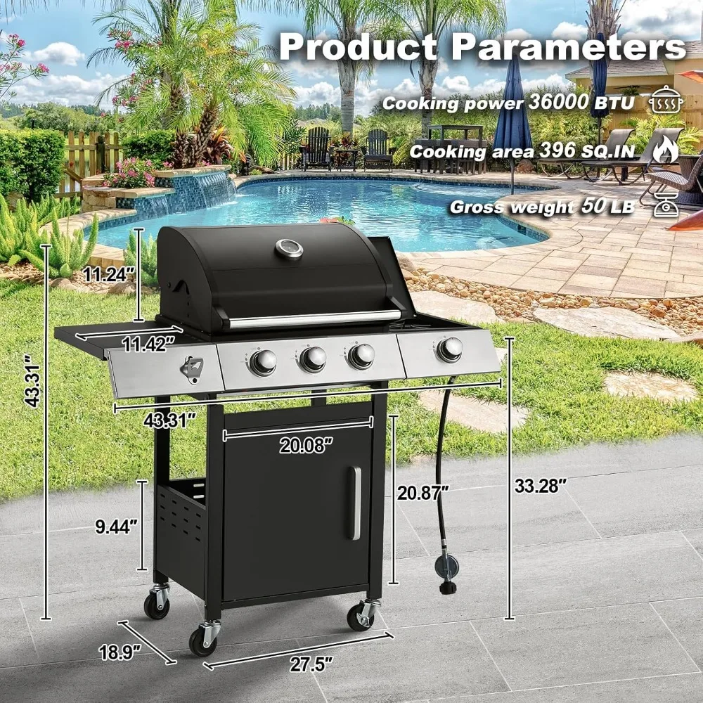 36,000 BTU 3-Burner Propane Gas Grill, Stainless Steel BBQ with Cast Iron Grates & Side Stove