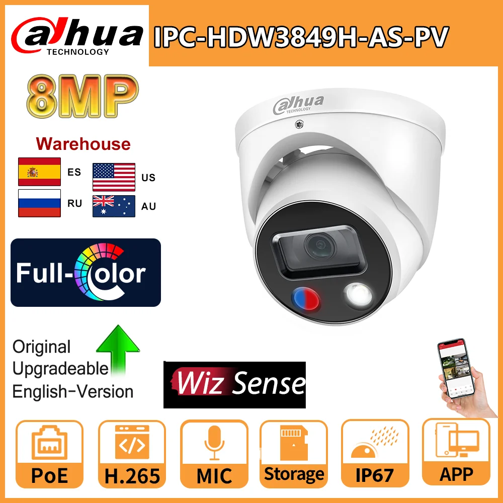 Dahua 8MP Camera Smart Dual Light Active Deterrence Fixed-focal WizSense IPC-HDW3849H-AS-PV S4 Series Two-way Talk SD Card Slot