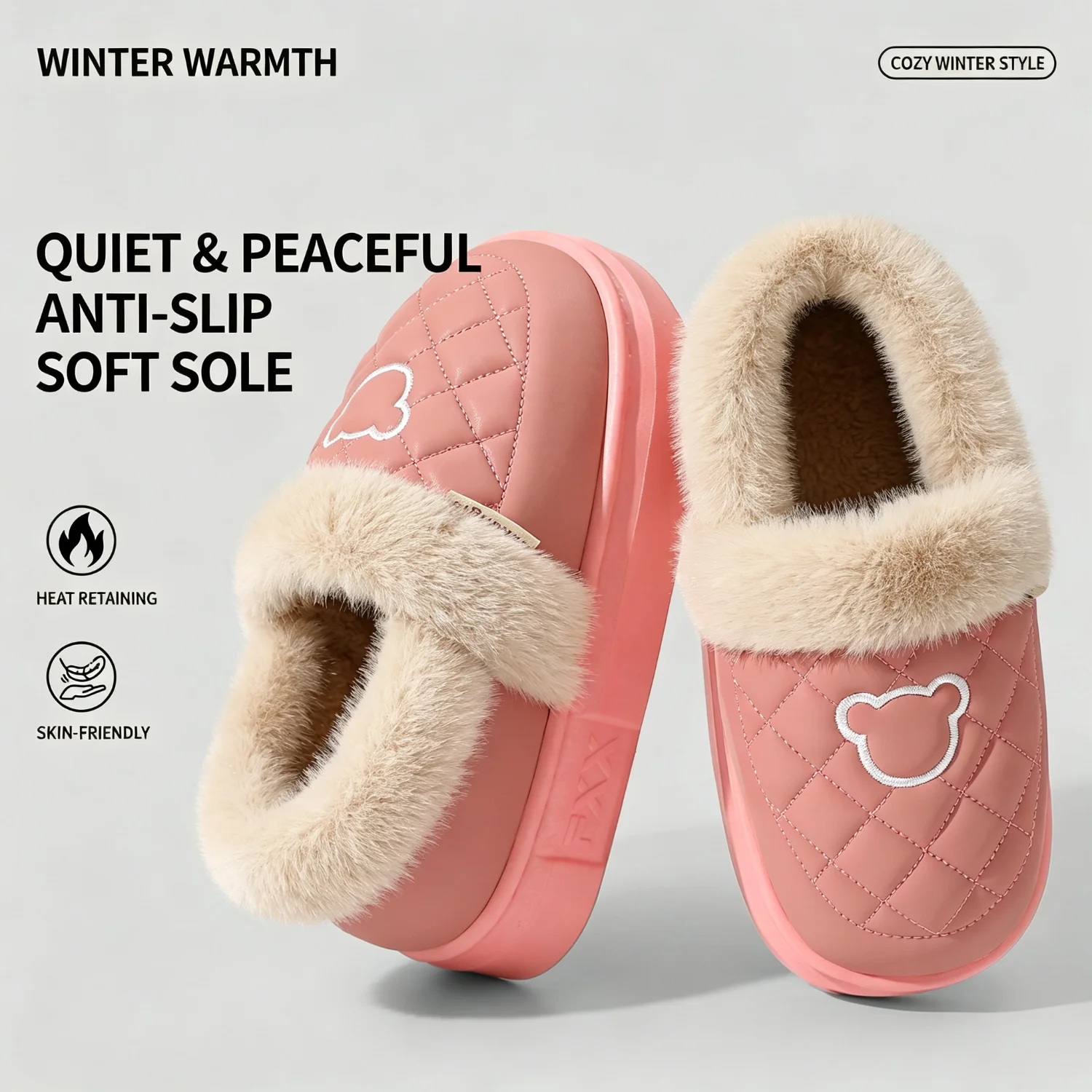 Winter-Wasserdichte Hausschuhe für Damen und Herren, mit dicker Sohle, warmem Plüschfutter, Bärenstickerei, rutschfest, weich, elastisch, für den Innenbereich. – Detail 8