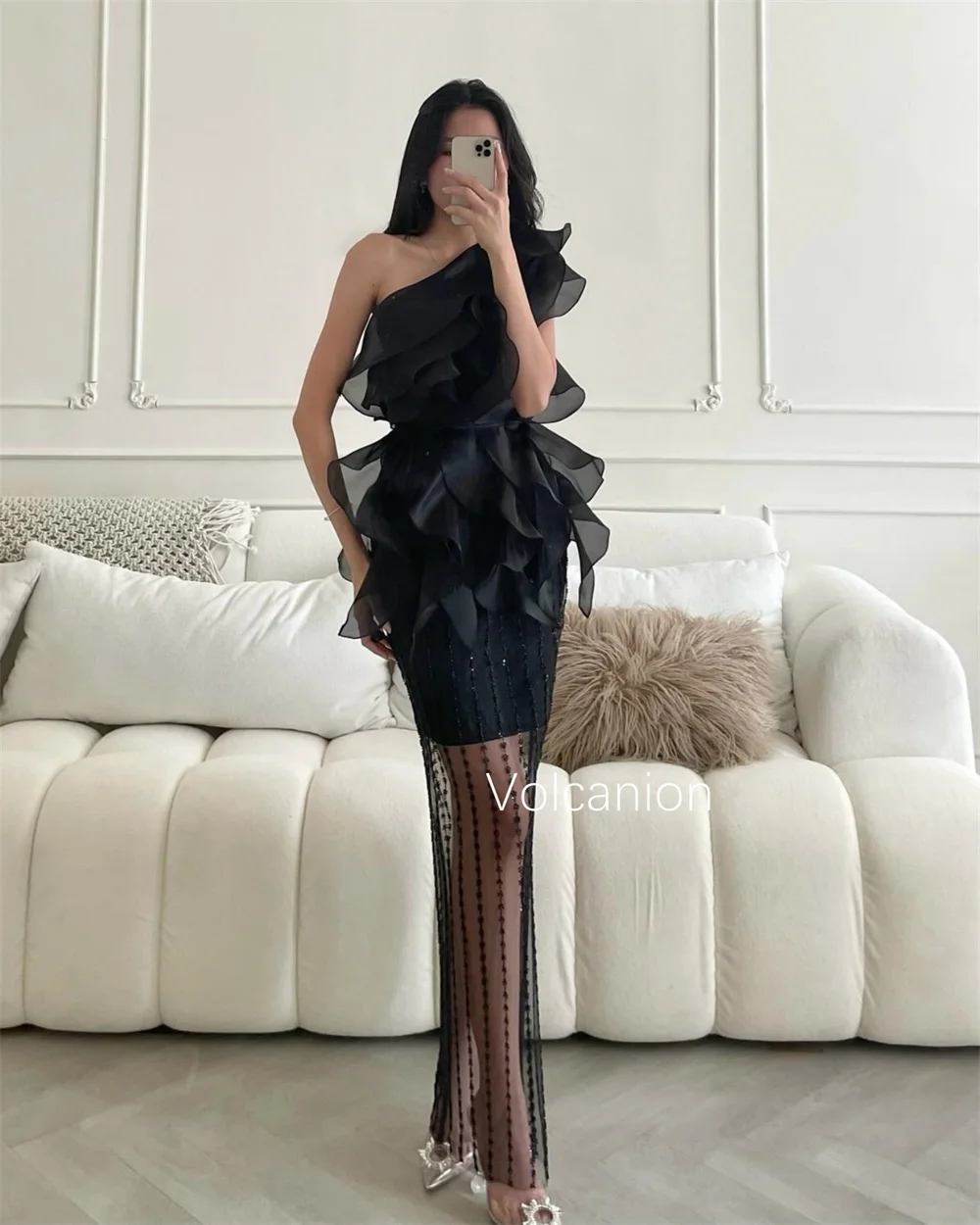 تخصيص الأورجانزا حجر الراين كشكش واحد الكتف مستقيم فساتين متوسطة الطول مناسبة مخصصة أزياء أنيقة حزب