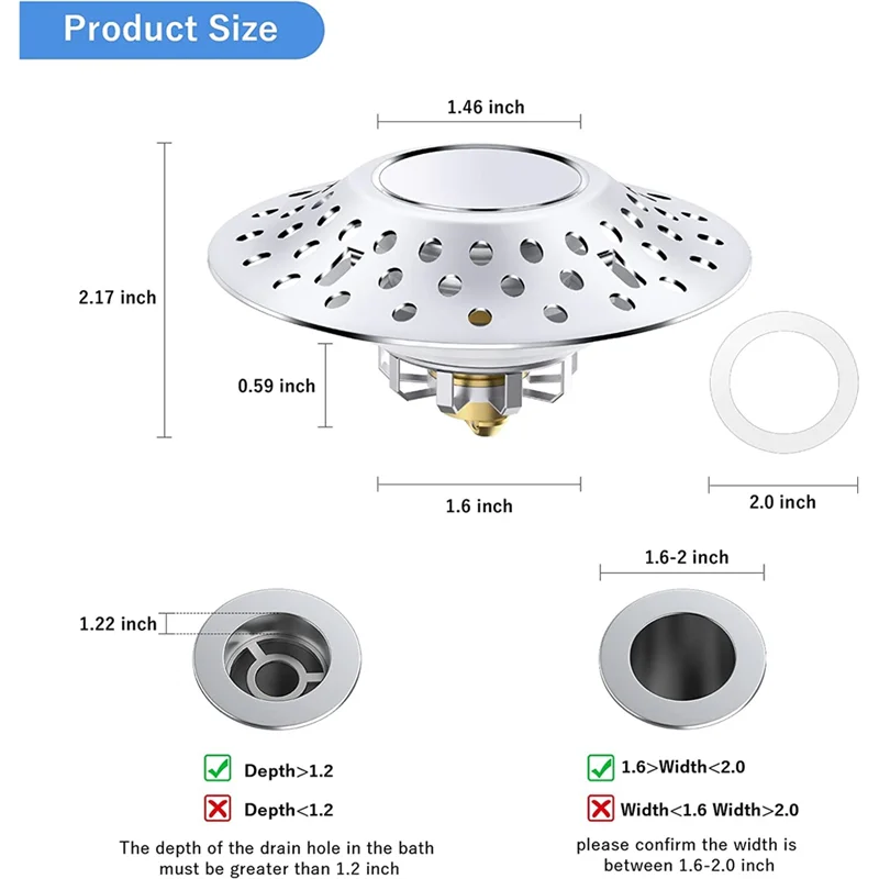 Bathtub Stopper with Drain Hair Catcher,Universal Bathroom Tub Stopper with Dual Filtration Design,for 1.6-2.0 Inch Hole