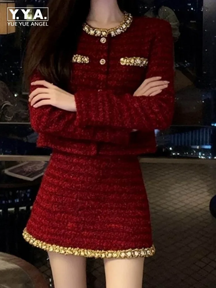 Leisure Ladies Single-Breasted Long Sleeves Round Neck Jackets Mini Skirts Two Piece Set Solid Color Sequins Matching Set